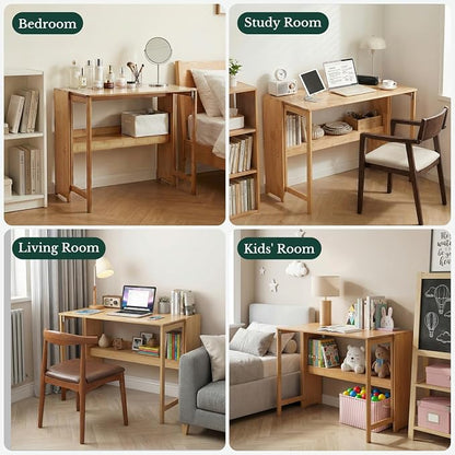 41'' Bamboo Folding Desk with Bookshelf, Space-Saving Computer Desk, Mid Century Modern Foldable Study Table for Home Office, Bedroom, Small Spaces - Primary Color