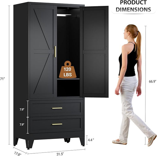 Steel Armoire Wardrobe Closet with 2 Drawers, 71" Metal Wardrobe Cabinet with Adjustable Shelves and Hanging Rod for Bedroom, Black Metal Clothing Storage Cabinets with 2 Doors