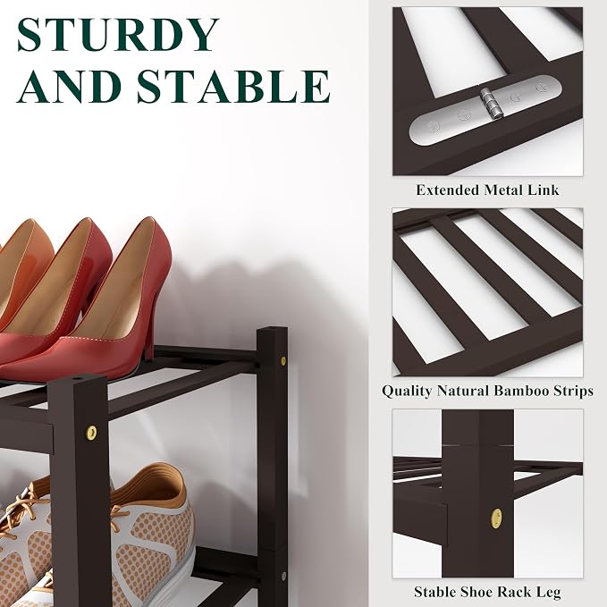 Smiry Long Bamboo Shoe Rack, 3 Tier Free Standing Wooden Shoe Organizer, Stackable Wood Shoe Storage Shelf for Closet, Entryway, 12 Vertical Slats, 2+1 Stack Standard Legs, 33.7"x11"x19.5", Brown