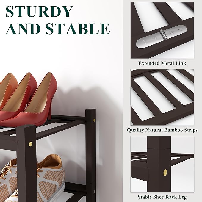 Smiry Bamboo Shoe Rack, 5 Tier Free Standing Wooden Shoe Organizer, Stackable Wood Shoe Storage Shelf for Closet, Entryway, 12 Vertical Slats, 2+2+1 Stack Standard Legs, 26.8"x11"x32.5", Brown