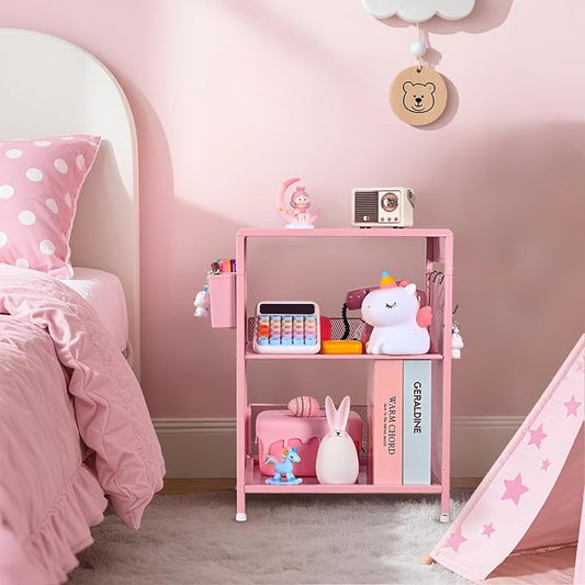 Pink Small Nightstand, Kids Nightstand for Bedroom, End Table with Hooks and Holder, Toddler Bedside Table for Girls, Desk Organizer for Office, Dorm (Pink)