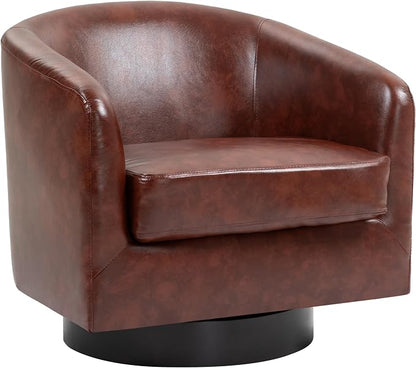 360° Swivel Barrel Accent Chair Armchair, PU Leather Round Club Arm Chair for Lving Room, Modern Upholstered Small Bedroom Single Sofa Seat - Red Brown, Set of 1