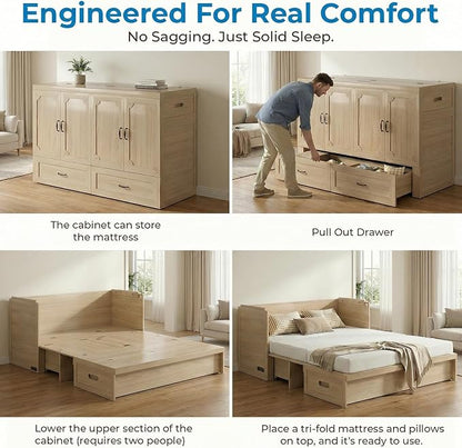 Mjkone Murphy Bed, Queen Hidden Cabinet Bed with Built-in USB Charging Station and 2 Storage Drawers, Murphy Wall Beds Cabinet Beds for Living Room, Guest Room, Apartment, Natural Wood (No Mattress)