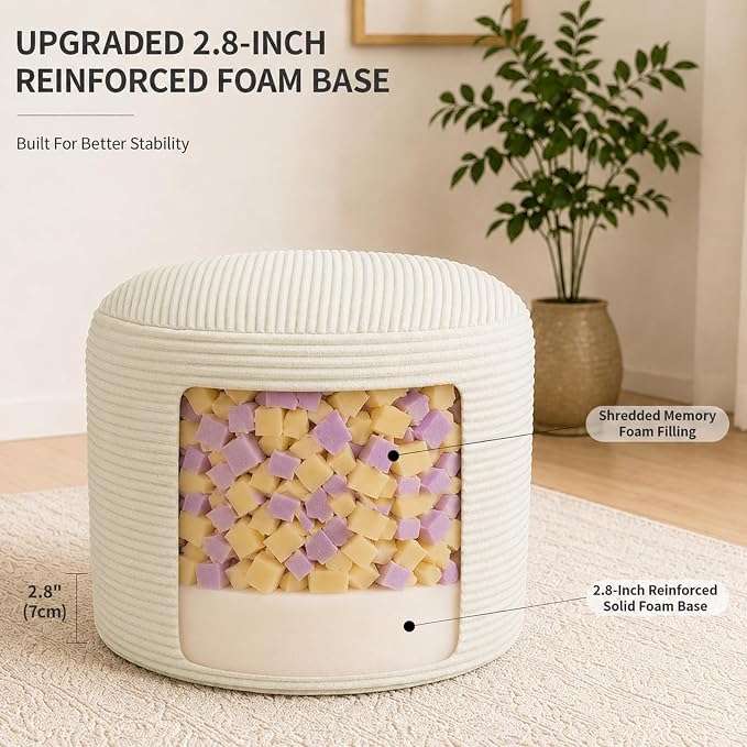 Stuffed Pouf Ottoman Foot Rest with 2.8-inch Solid Foam Base | Odorless Filling Resists Clumping, Washable Corduroy Cover, Round Foot Stool for Living Room Couch Lounging and Home Decor