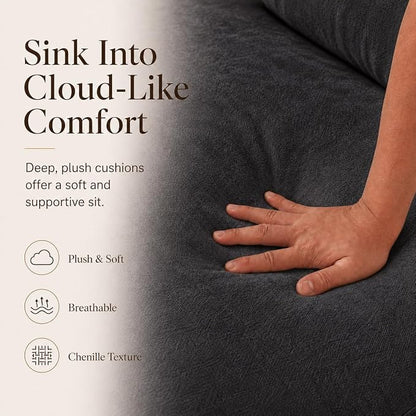 Esright Apartment Cloud Couch, 89-Inch 3-Seat Chenille Sofa, Black | Skin-Friendly Fabric, Deep 22" Seat, 2×6.3" Plush Back Pillows, Wood Frame, 800-Lb Support for Studios and Living Rooms