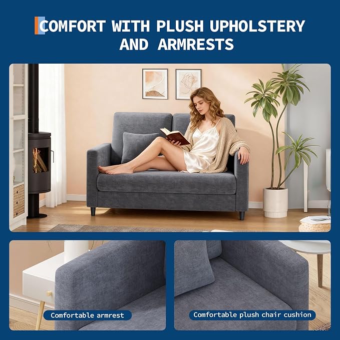 IDEALHOUSE Loveseat Sofa, 52" Love Seat for Small Spaces, Mid Century Sofa Accent Chair, Wood Frame, Tool-Free Assembly, Comfy Sofa Couch for Bedroom, Living Room, Blue Gray