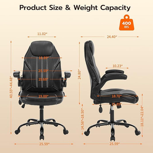Ylzyxal Office Desk Chair, Ergonomic Computer Chair with Padded Flip-Up Arms and Adjustable Lumbar Support, PU Leather Executive Chair with Tilt Lock and 360° Swivel Rolling Wheels for Work, Study