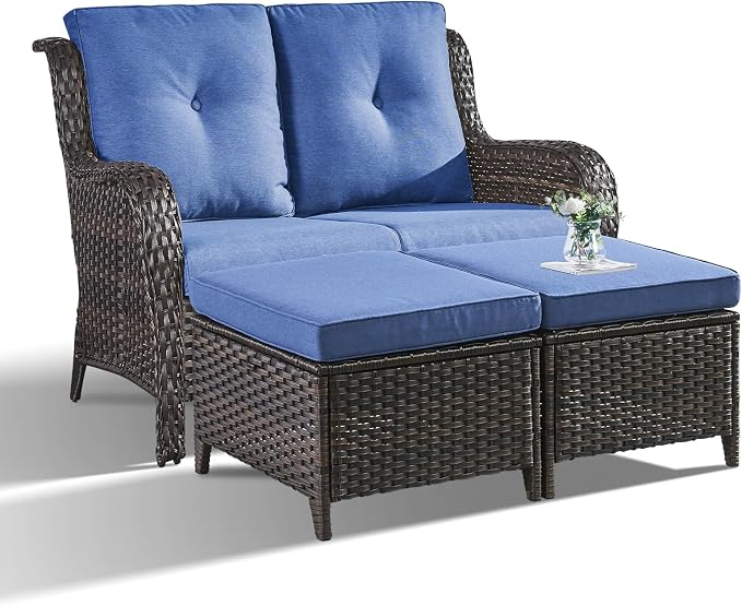 Outdoor Loveseat Sofa - 3 Piece Patio Furniture with Ottoman Deep Seating Patio Couch for Porch Deck Garden Backyard - Brown/Blue