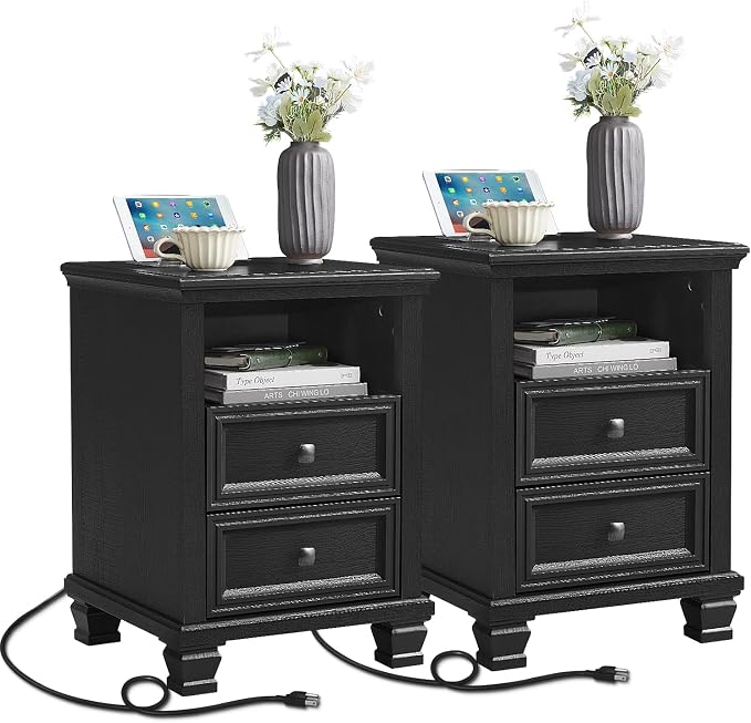SAVOR LIFE Farmhouse Nightstand Set of 2 with Charging Station, Rustic Black Nightstand with Drawers, Bedside Table with Open Shelf for Bedroom, Black
