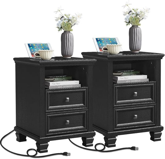 SAVOR LIFE Farmhouse Nightstand Set of 2 with Charging Station, Rustic Black Nightstand with Drawers, Bedside Table with Open Shelf for Bedroom, Black