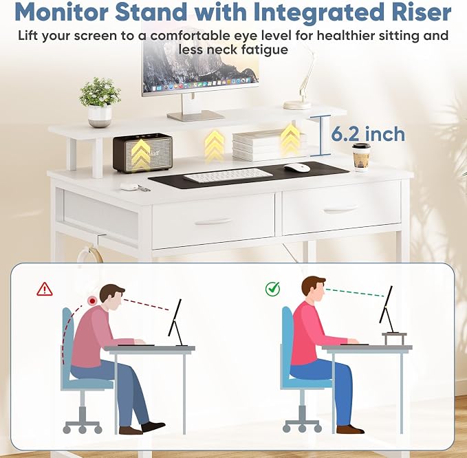 DUMOS 31 Inch Computer Desk with Monitor Stand and 2 Drawers, Small Writing Desk for Home Office with Headphone Hook, Compact Study Table for Bedroom, White