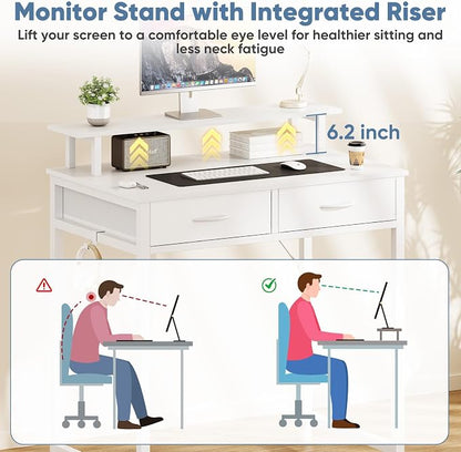 DUMOS 31 Inch Computer Desk with Monitor Stand and 2 Drawers, Small Writing Desk for Home Office with Headphone Hook, Compact Study Table for Bedroom, White