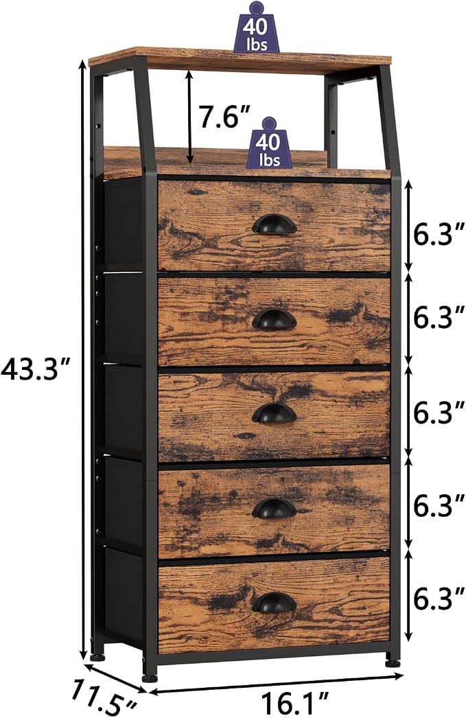 Furnulem Dresser for Bedroom, 5 Drawers Tall Nightstand, Chest of Drawers | Rustic Brown Dresser for Closet, Bedside Table with Fabric Drawer, Metal Frame, Wood Top, Easy Assembly for Dorm, Living Room