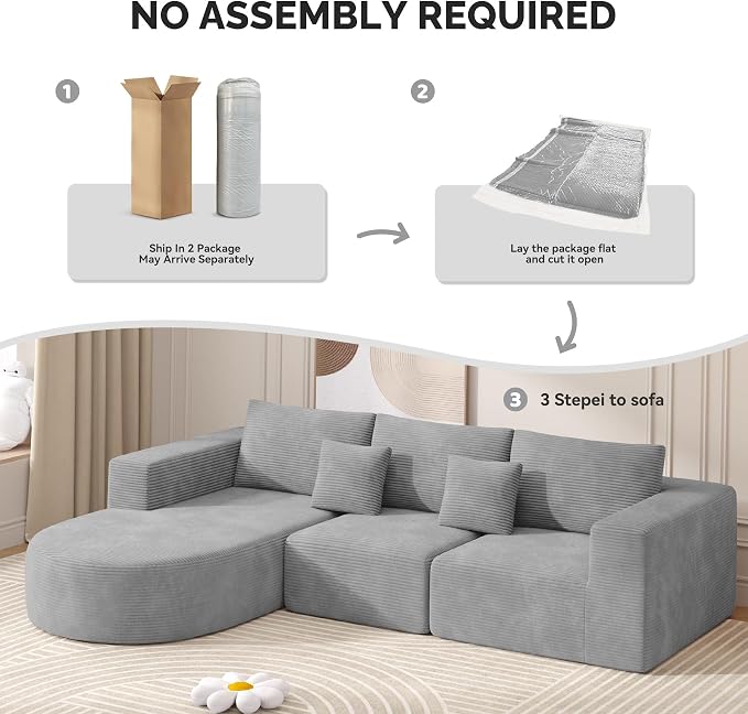 Boneless Couches for Living Room,Cloud Sectional Couch with L-Shape Chaise,Modern Modular Sofa with Deep Seat Upholstered Comfy Couches for Bedroom,No Assembly Required,1PCS