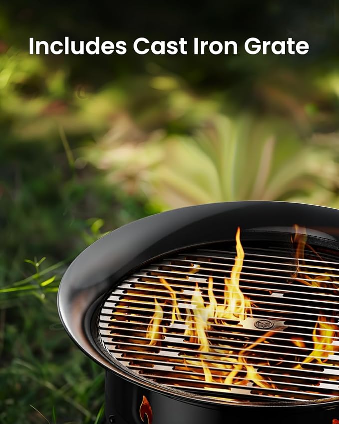 Ciays 21 Inch Propane Fire Pit with Grill Grate, Folding Legs, 58,000 BTU, Black, Metal, Round, Compatible with Propane