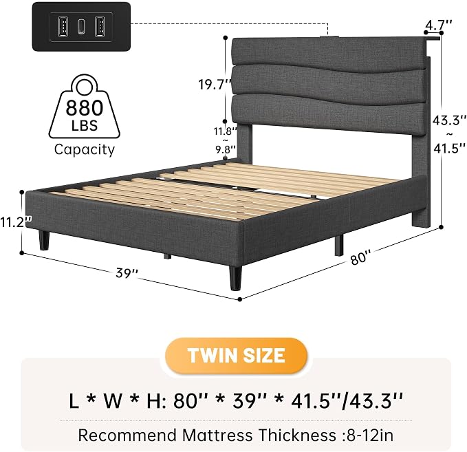 EnHomee Twin Size Bed Frame with Upholstered Headboard,Charging Station,No Box Spring Needed,Easy Assembly,Noise-Free,for Boys,Teens,Grey