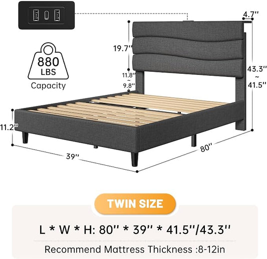 EnHomee Twin Size Bed Frame with Upholstered Headboard,Charging Station,No Box Spring Needed,Easy Assembly,Noise-Free,for Boys,Teens,Grey