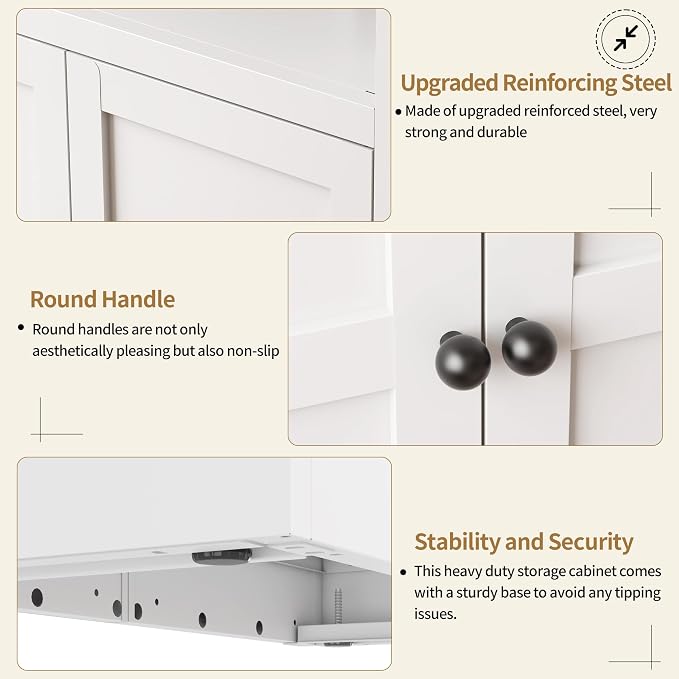 Kitchen Pantry Cabinet, 61" H Storage Cabinet with Doors and Adjustable Shelves, Spacious Cupboard with 2 Handles, Metal Kitchen Cabinet for Dining Room, Living Room, White