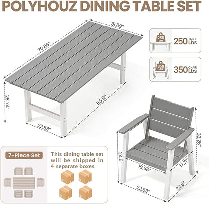 Outdoor Dining Set for 6, 7-Piece Patio Table and Chairs Set, HDPE Outdoor Dining Table and Chairs with Umbrella Hole, All-Weather Dining Furniture Set,White Grey
