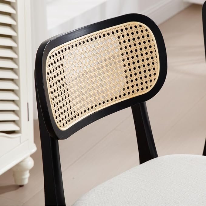 ROCITY Rattan Dining Chairs Set of 2 Black Linen Fabric Dining Room Chairs Natural Wooden Kitchen Chairs Farmhouse Boho