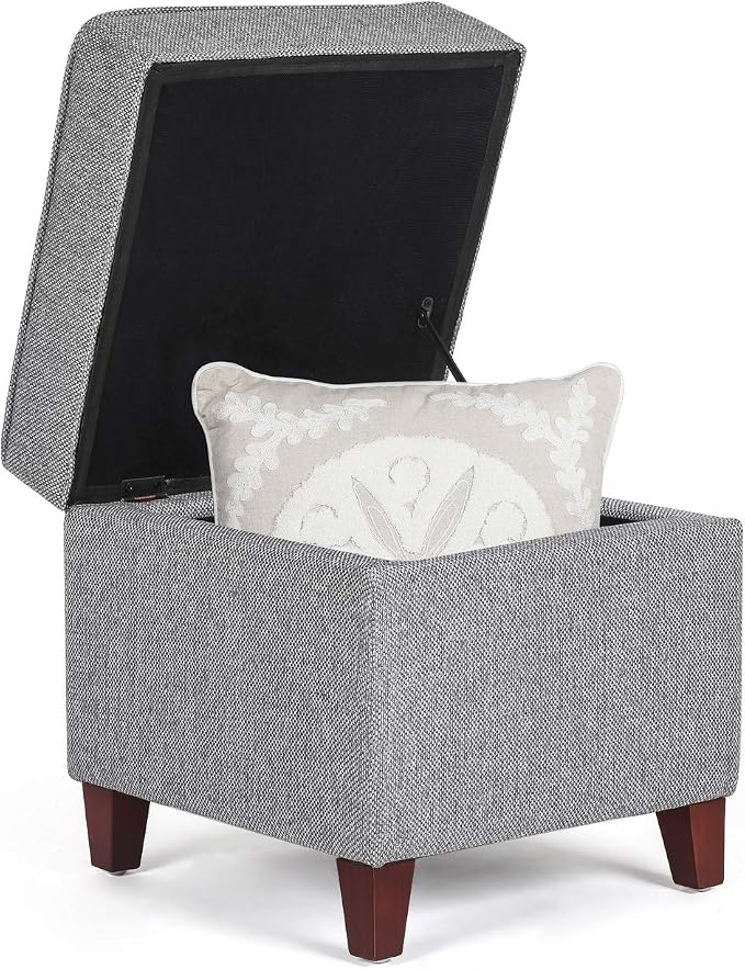 Adeco 17 Inch Square Linen Storage Ottoman for Living Room & Bedroom, Small Upholstered Footrest Stool with Hinged Lid and Wood Legs, Modern Accent Furniture, Light Gray