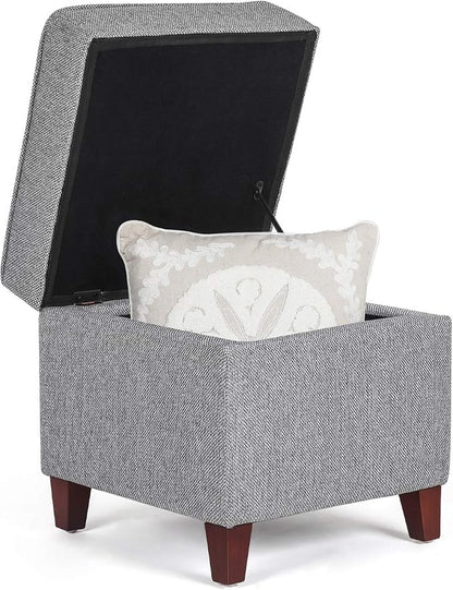 Adeco 17 Inch Square Linen Storage Ottoman for Living Room & Bedroom, Small Upholstered Footrest Stool with Hinged Lid and Wood Legs, Modern Accent Furniture, Light Gray