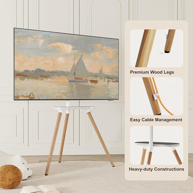 Tripod Easel TV Stand for 43–65 Inch TVs, Height Adjustable Swivel Floor Stand with Wooden Tray and Cable Management, VESA 400x400, Minimalist White