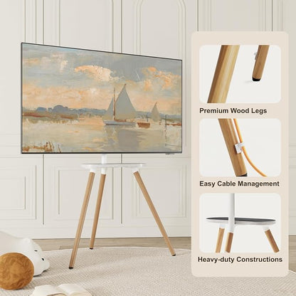 Tripod Easel TV Stand for 43–65 Inch TVs, Height Adjustable Swivel Floor Stand with Wooden Tray and Cable Management, VESA 400x400, Minimalist White