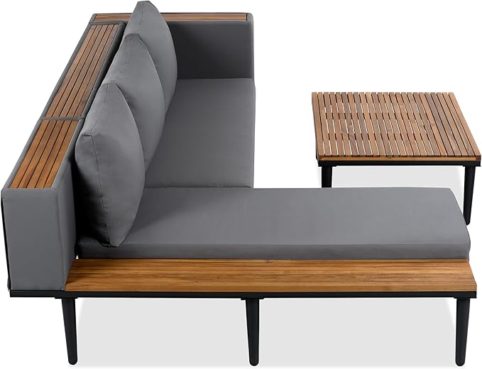 VilroCaz Luxury Outdoor Patio Furniture Set, L-Shaped Acacia Wood Sectional Sofa with Side Table, All-Weather Conversation Set with Removable Cushions and Coffee Table for Backyard Porch (Gray-4.20)