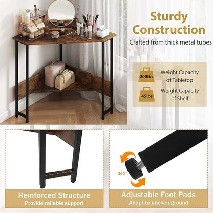 Tangkula Corner Desk with Power Outlet & USB Ports, Triangle Computer Desk with Charging Station, Storage Shelf, Space Saving Writing Desk, Vanity Table, Corner Desk for Small Space (Rustic Brown)