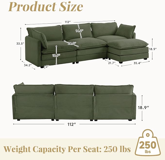 112'' Sectional Modular Cloud Couch, Oversized L Shaped 3 Seat Sofa with Movable Ottomans, 2 Throw Pillows, Upholstered Corduroy L Shape Comfy Deep Couches for Living Room and Office, Green