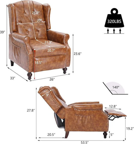 Wingback Recliner Chair with Heat and Massage, PU Leather Push Back Recliner Chair for Living Room, Vintage Wingback Recliner with Remote Control,Padded Cushion,Backrest,Wooden Legs