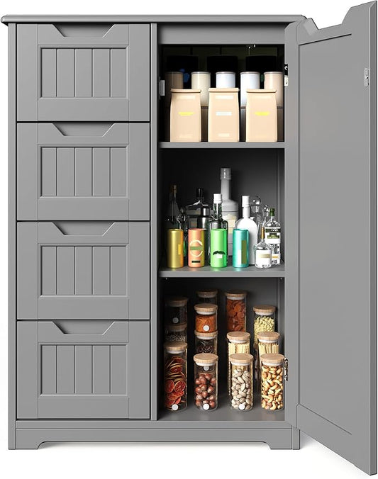Gizoon Small Pantry with Door and Shelves, 33'' Kitchen Pantry Cabinet Freestanding Wooden Bathroom Storage Cabinet with 4 Drawers for Kitchen and Dining Room, Gray, Painted