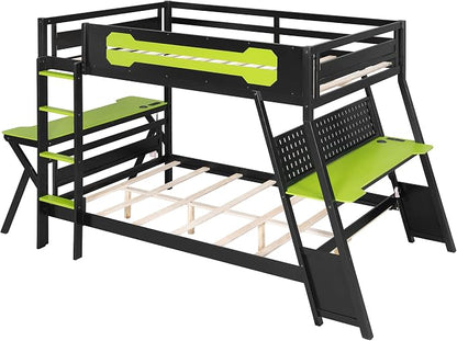Merax Wooden Full Over Full Bunk Bed with 2 Side Desks, USB Desktop Ports and Pegboard Organizer, Gaming Bunk Bed for Gamer, Kids or Teens, No Box Spring Needed, Green