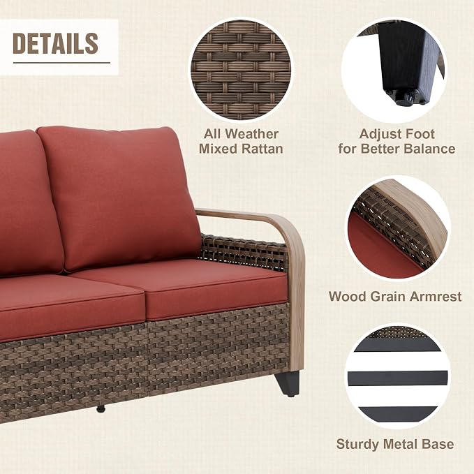 Modern Wicker Patio Sofa, Rattan Outdoor Loveseat for Small Balcony, 2 Seat Loveseat Furniture Set for Garden Deck Backyard, Brown/Red