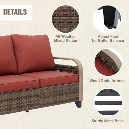Modern Wicker Patio Sofa, Rattan Outdoor Couch for Small Balcony, 3 Seat Couch Furniture Set for Garden Deck Backyard, Brown/Red