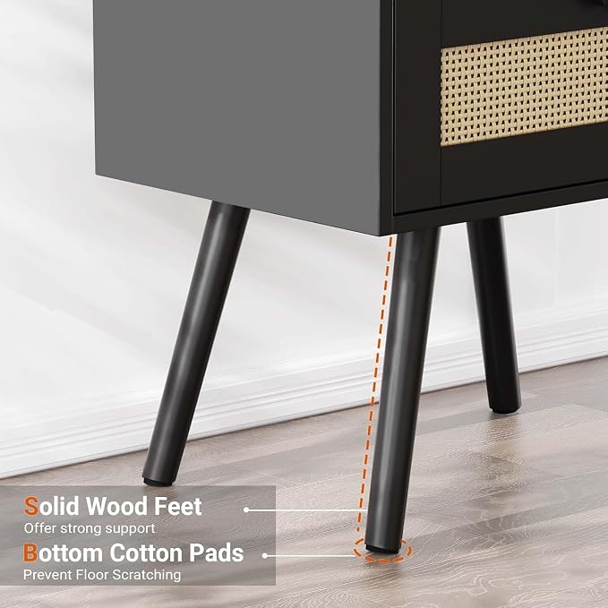 SUPERJARE Nightstand with Charging Station & Rattan-Like Decor Drawer, Rattan End Table with Solid Wood Feet, Bed Side Table with Open Storage, for Bedroom, Living Room, Dormitory - Black