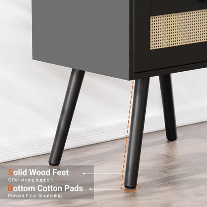 SUPERJARE Nightstand with Charging Station & Rattan-Like Decor Drawer, Rattan End Table with Solid Wood Feet, Bed Side Table with Open Storage, for Bedroom, Living Room, Dormitory - Black