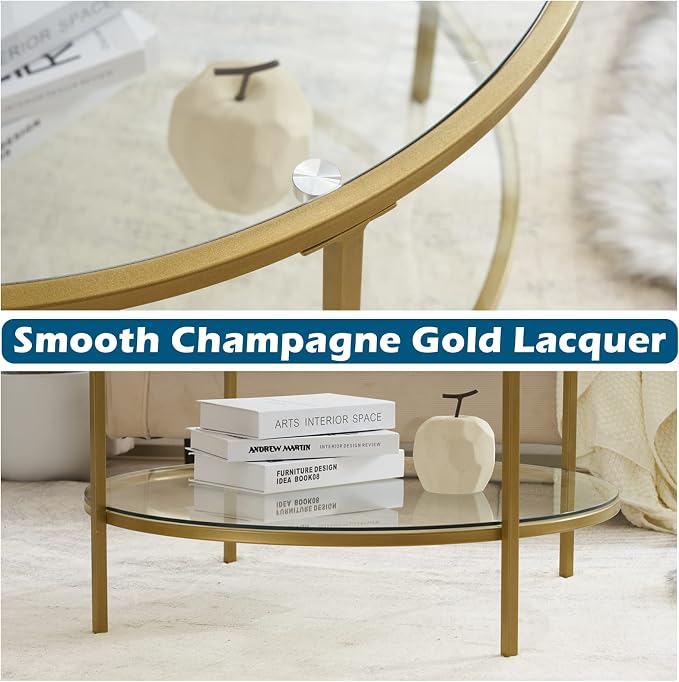 VINGLI Glass Coffee Table, 30" Round Champagne Gold Coffee Tables for Living Room,2-Tier Glass Top Coffee Table with Storage Clear Coffee Table,Simple & Modern Center Table Mesa de Centro para Sala