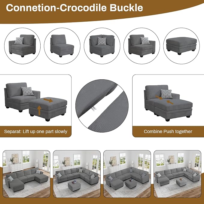 Legend Vansen Oversized Modular Sectional Sofa,6 Seat U Shaped Couch with Ottoman,Corduroy Sofa with Deep Seat,Convertible Large Sectional Couches for Living Room (Grey, L2+3)