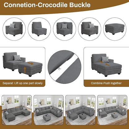 Legend Vansen Oversized Modular Sectional Sofa,6 Seat U Shaped Couch with Ottoman,Corduroy Sofa with Deep Seat,Convertible Large Sectional Couches for Living Room (Grey, L2+3)