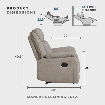 Lexicon Manual Double Reclining Sofa, Polished Microfiber Upholstered 3 Seater Manual Sofa Recliner for Living Room, Wall Hugger, Easy Assembly, Dove
