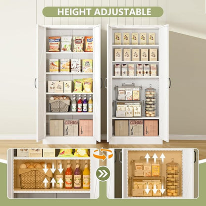 RAVIGIN Farmhouse Storage Cabinet,61" H Metal Pantry Cabinet with Barn Doors and Adjustable Shelves,61" H 4-Tier Rustic Pantry Organizers for Kitchen,Dining Room,White