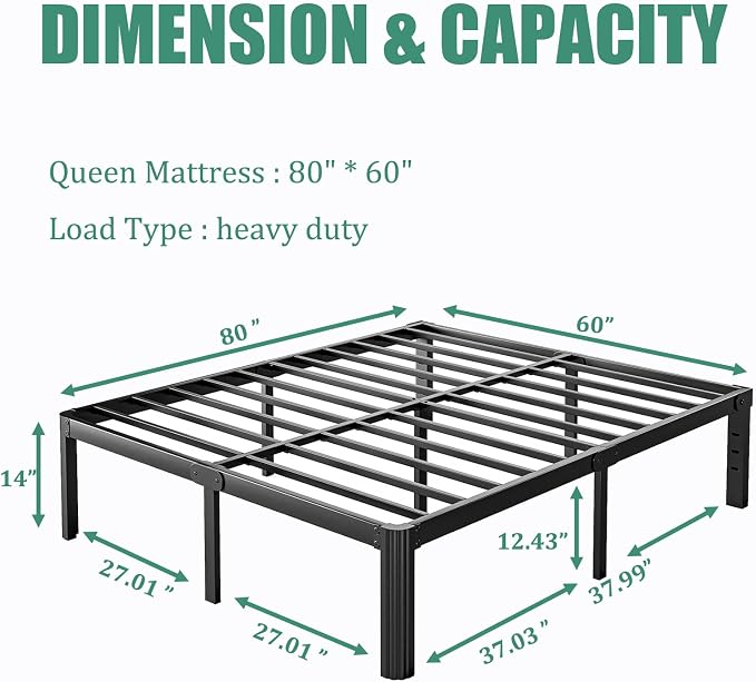 14 Inch High Platform Metal Queen Size Bed Frame, Queen Bed Frame no Box Spring Needed, Easy Assembly, Heavy Duty, Noise Free, Black