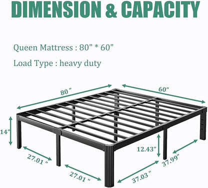 14 Inch High Platform Metal Queen Size Bed Frame, Queen Bed Frame no Box Spring Needed, Easy Assembly, Heavy Duty, Noise Free, Black