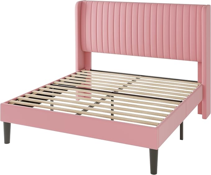 Allewie Full Size Velvet Bed Frame/Vertical Channel Tufted Wingback Headboard/Upholstered Platform Bed/Strong Wooden Slats/No Box Spring Needed/Easy Assembly/Pink