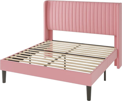 Allewie Full Size Velvet Bed Frame/Vertical Channel Tufted Wingback Headboard/Upholstered Platform Bed/Strong Wooden Slats/No Box Spring Needed/Easy Assembly/Pink