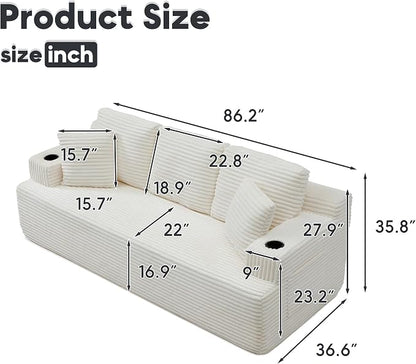 86.2'' Boneless Sofa Couch with Cup Holders & Side Pockets, Modern Corduroy Fabric Upholstered 3-seat Couch with 2 Throw Pillows for Living Room, Office, No Assembly (Beige)