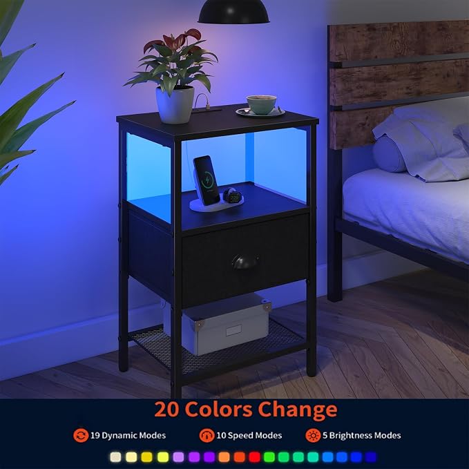 sthmec Nightstands with Charging Station, LED Bedside Tables with Charging Station and Fabric Drawer, Night Stand with Storage, 3 Tier Side Table with Open Shelf, LED Nightstand Bedside Table,Black
