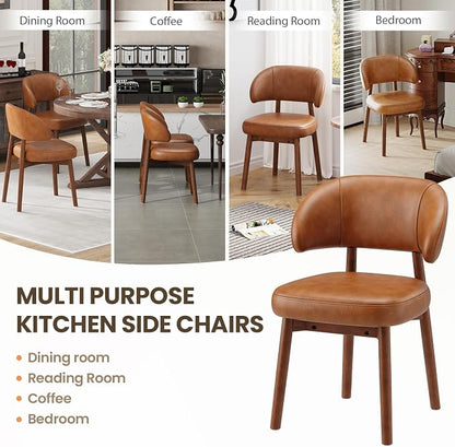MALOL Wooden Dining Chairs Set of 2, Modern Upholstered Dining Room Chair, PU Leather Kitchen Side Chairs with Curved Open Back for Living Room/Restaurant/Cafe, Brown